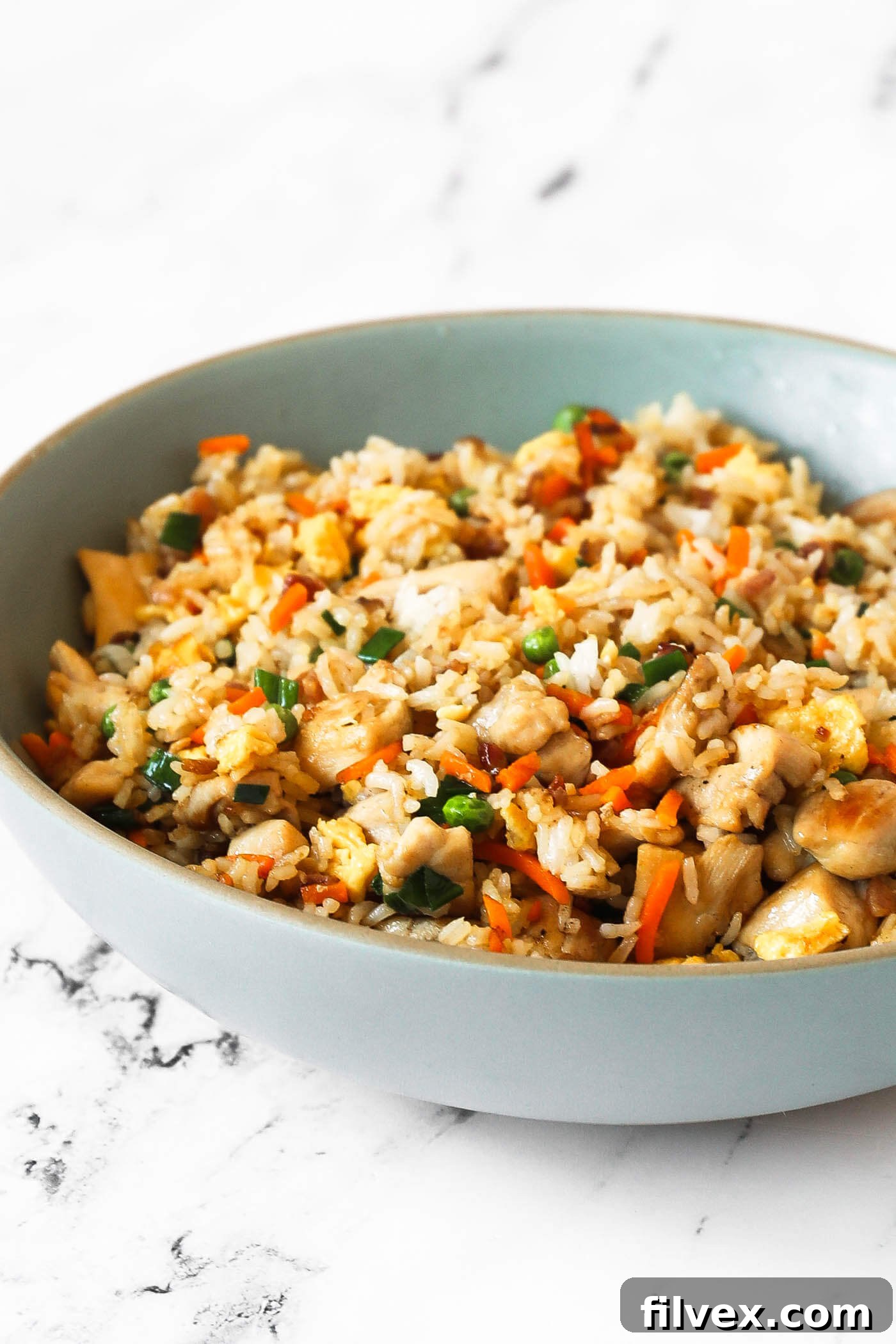 Angled image of a large serving bowl full of fried rice, showing its appealing texture and colors. 