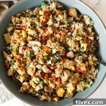 An overhead image of the fried rice in a large serving bowl with a spoon.