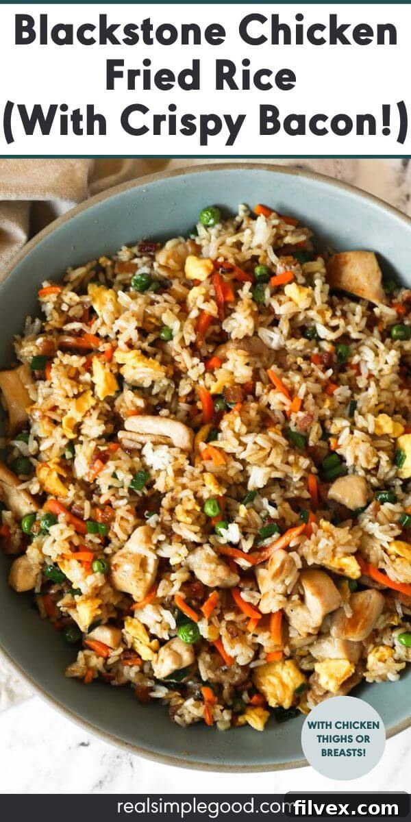 Vertical image with text overlay at the top. Image is a close up overhead shot of a large serving bowl full of fried rice.