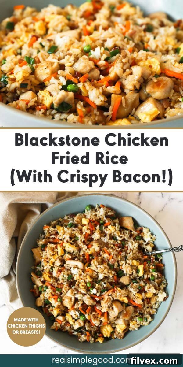 Vertical collage with text overlay in the middle. Top image is a close up angled shot of fried rice in a bowl. Bottom image a serving bowl full of fried rice with a spoon.