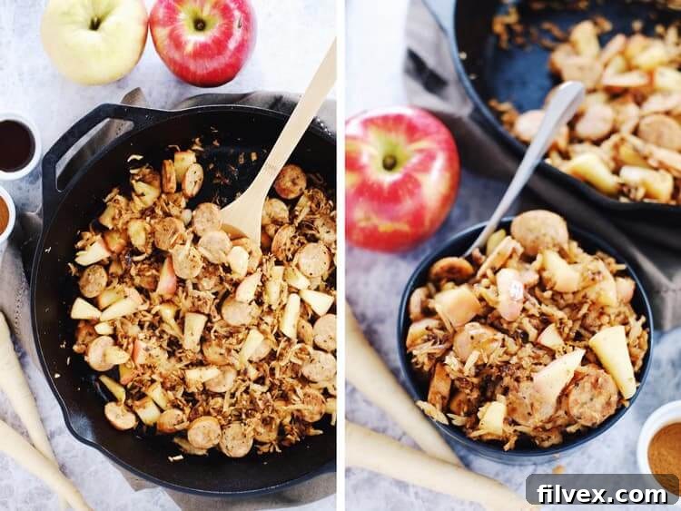 This egg-free parsnip breakfast hash is the perfect savory-sweet way to start your day with parsnips, sausage and apples. Paleo + Gluten-Free. | realsimplegood.com