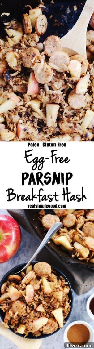 This egg-free parsnip breakfast hash is the perfect savory-sweet way to start your day with parsnips, sausage and apples. Paleo + Gluten-Free. | realsimplegood.com