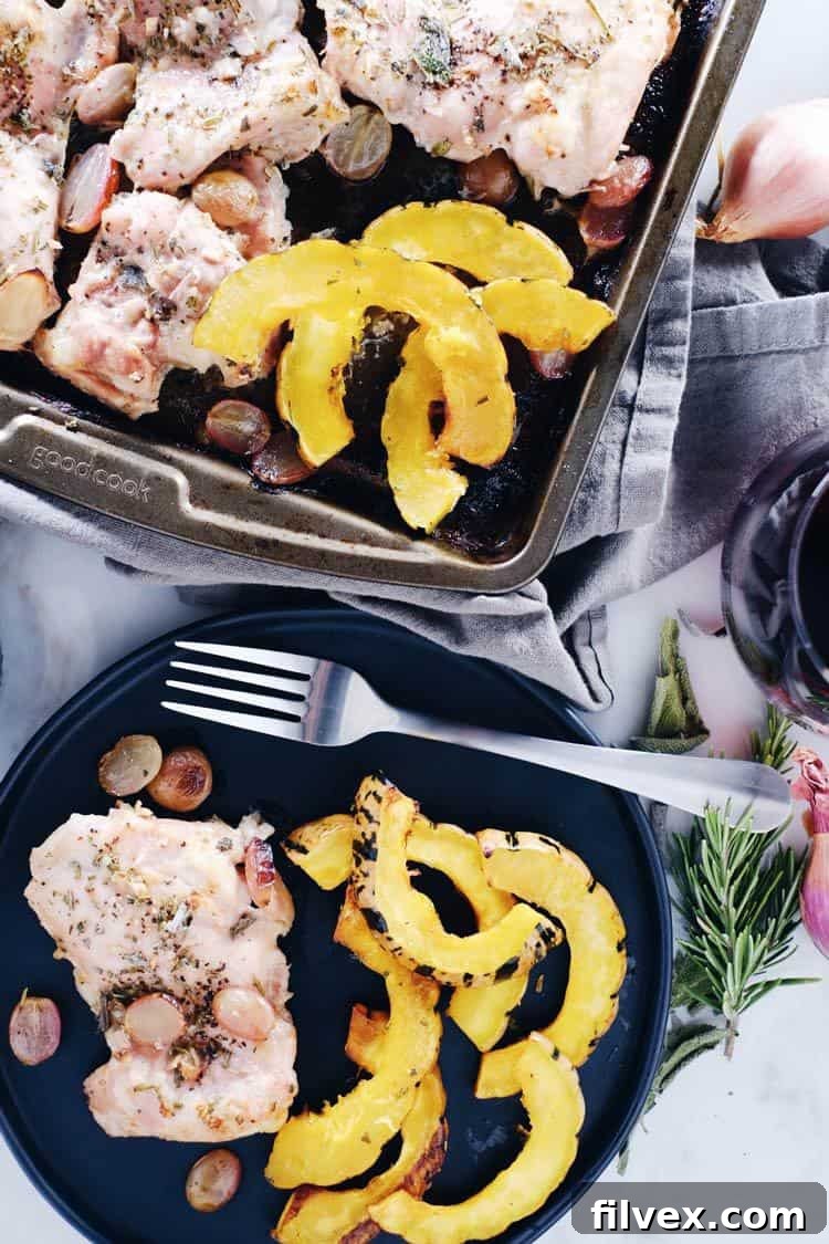 Step-by-step guide to making a healthy one-pan Paleo and Whole30 Sheet Pan Chicken and Squash Dinner with roasted grapes. Gluten-Free and Dairy-Free recipe.