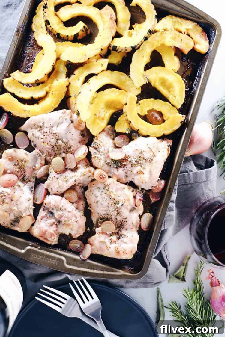 Ready to serve one-pan Paleo and Whole30 Sheet Pan Chicken and Squash Dinner, a healthy and easy meal for fall and winter. Gluten-Free and Dairy-Free recipe.