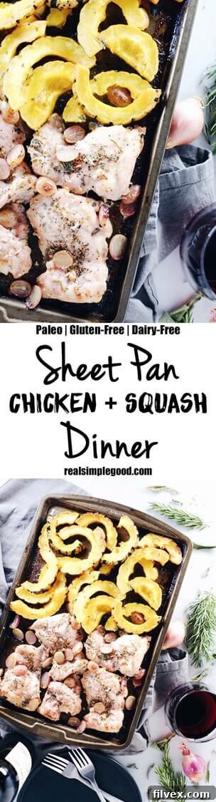 Paleo and Whole30 Sheet Pan Chicken and Squash Dinner recipe image for Pinterest.