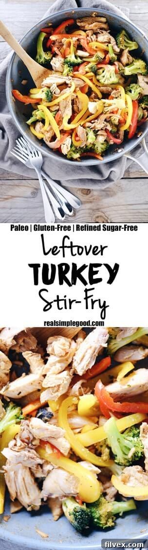 Graphic for pinning Leftover Turkey Stir-Fry recipe on Pinterest