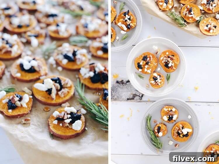 Close-up of golden brown roasted sweet potato rounds, glistening with oil and sea salt, before being topped.