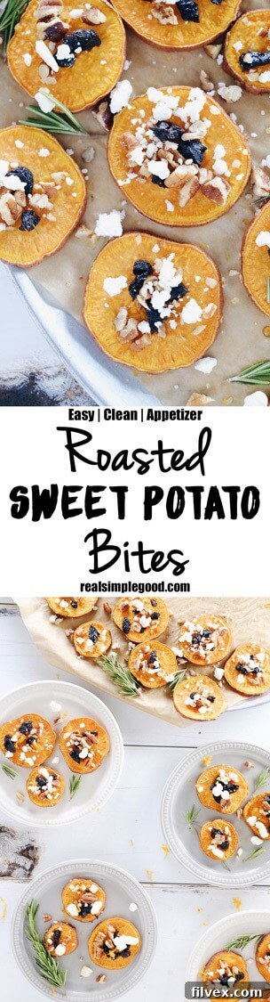 A tall, narrow image displaying roasted sweet potato bites on a serving platter, perfect for sharing on social media like Pinterest.