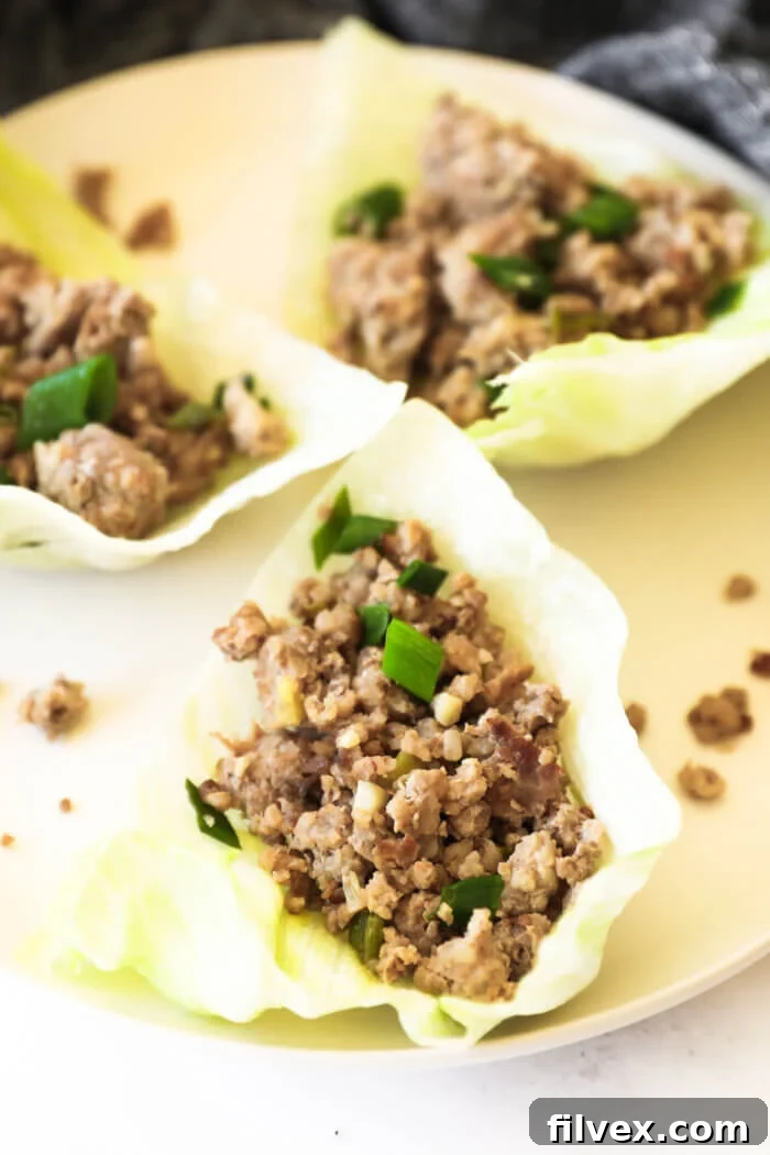 Freshly prepared pork lettuce wraps, ready to be enjoyed.