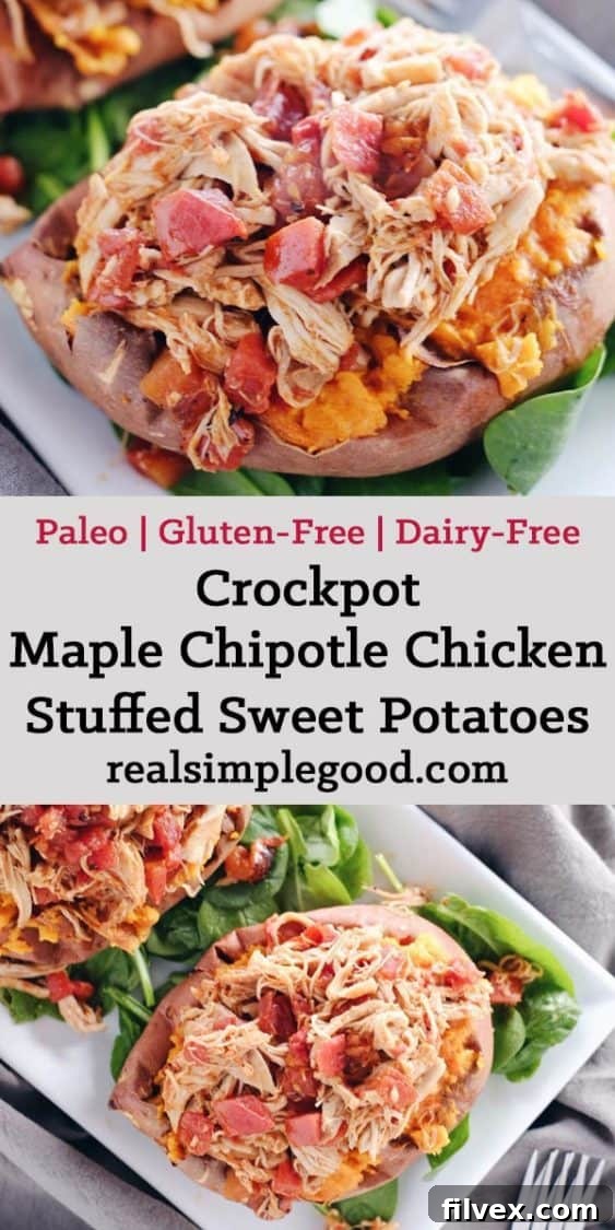 A visual call to action for Pinterest: 'Like this recipe? Click here to pin it and try it later!' featuring Crockpot Maple Chipotle Chicken Stuffed Sweet Potatoes.