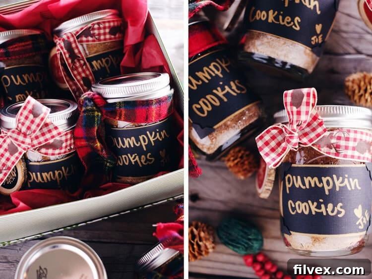 Beautifully decorated mason jar with Paleo pumpkin cookie mix, featuring a festive plaid ribbon and rustic charm. An ideal DIY clean eating holiday gift, perfect for sharing gluten-free and dairy-free treats with loved ones.