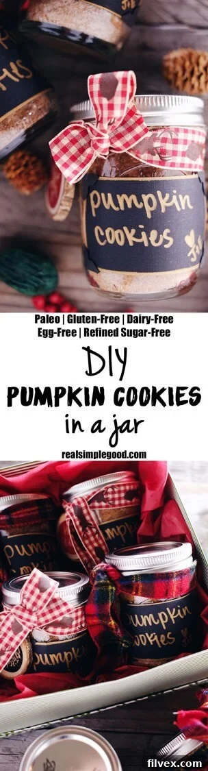 Graphic encouraging readers to pin the DIY Paleo Pumpkin Cookies in a Jar recipe on Pinterest for later. Text reads: 'LIKE THIS RECIPE? CLICK HERE TO PIN IT AND TRY IT LATER!'