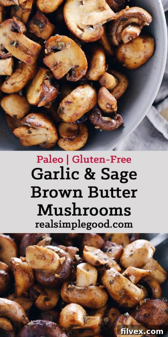 A beautifully arranged serving of garlic and sage brown butter mushrooms, garnished with fresh herbs, hinting at their rich taste.
