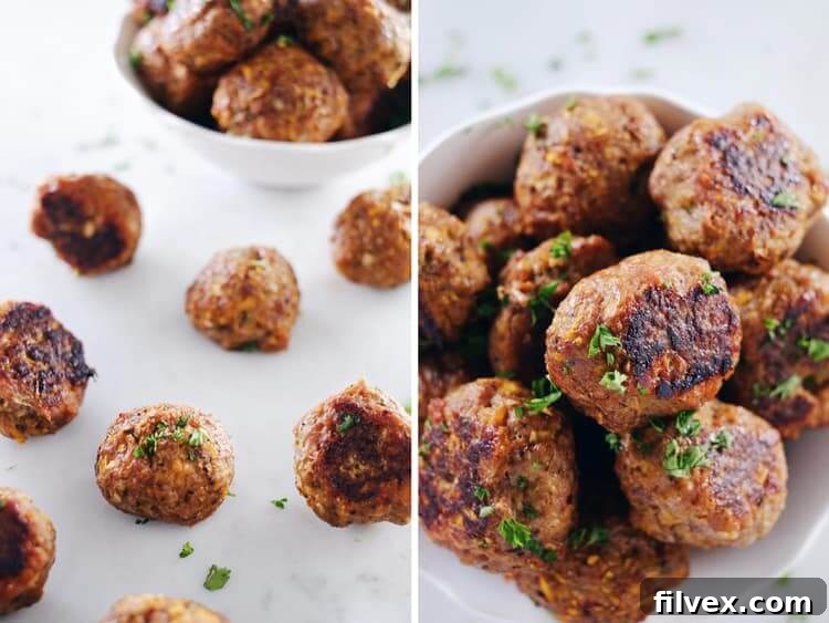 Close-up of golden-brown butternut breakfast meatballs, an excellent make-ahead option for those seeking egg-free, Paleo, and Whole30 breakfast solutions.
