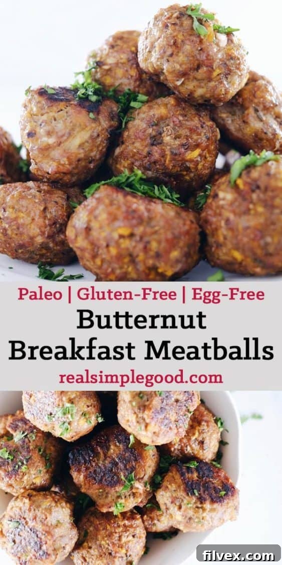 Butternut breakfast meatballs stacked on a plate, ready to be enjoyed as a healthy and convenient egg-free, Paleo, and Whole30 meal.