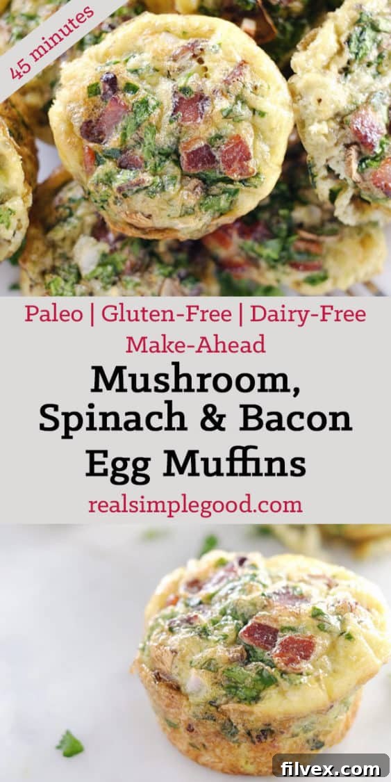 Don't slave in the morning to make a Paleo + Whole30 breakfast. Make these mushroom, spinach and bacon egg muffins ahead of time for easy weekday mornings! Paleo, Whole30, Gluten-Free + Dairy-Free. | realsimplegood.com