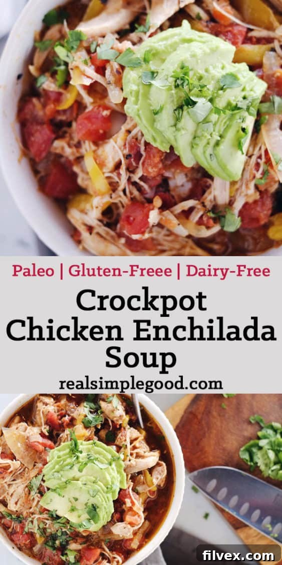 Two bowls of Crockpot Chicken Enchilada Soup ready to serve.