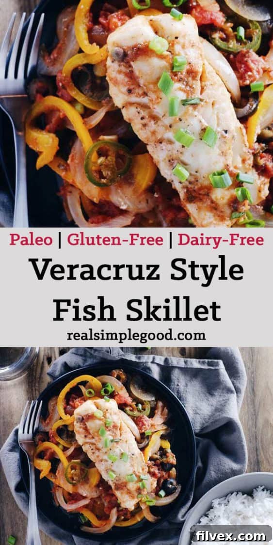 Save this Veracruz Style Fish Skillet recipe for later on Pinterest. A delicious and healthy Paleo, Whole30, and Keto friendly meal.