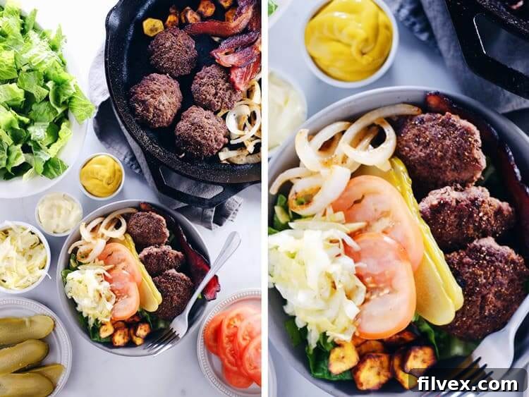 A two-part image collage: the top shows a close-up of a Mini Burger Bowl with three mini burgers, kraut, onion, pickles, tomatoes, and fried plantains over greens. The bottom image displays the full setup, including the bowl, a skillet, and all the fresh toppings artfully arranged around it.