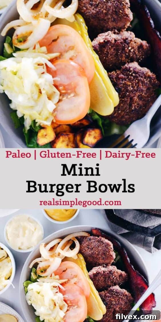 A vertical collage with a central text overlay. The top image is a close-up of a burger bowl, while the bottom image offers a slightly wider view with toppings artfully arranged around the bowl.