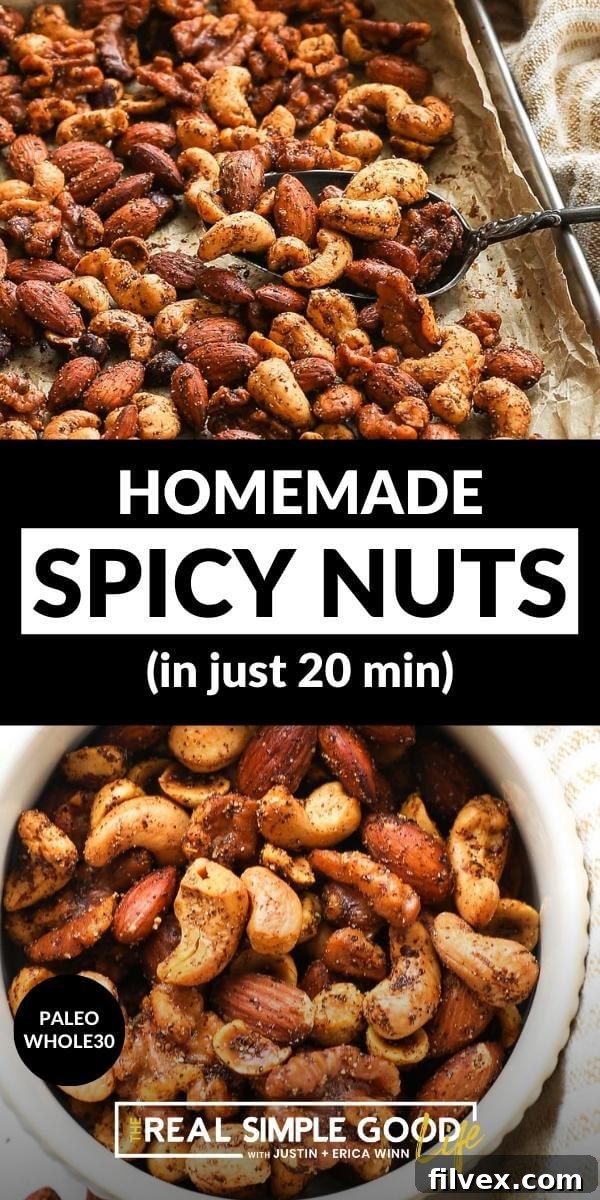 Split image featuring a baking sheet of roasted spicy nuts on top and a ramekin of nuts on bottom, with descriptive text in the middle, perfect for a recipe summary.