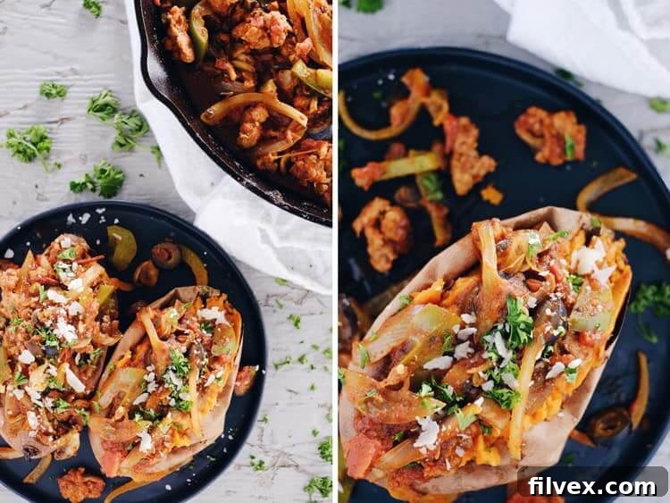 These pizza stuffed sweet potatoes are an easy way to get all the pizza flavors you crave in a Paleo + Whole30 compliant recipe! The dairy is completely optional. Paleo, Whole30 +Gluten-Free. | realsimplegood.com