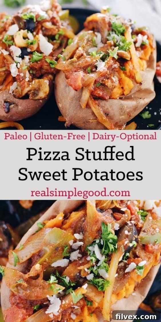 These pizza stuffed sweet potatoes are an easy way to get all the pizza flavors you crave in a Paleo + Whole30 compliant recipe! The dairy is completely optional. Paleo, Whole30 +Gluten-Free. | realsimplegood.com