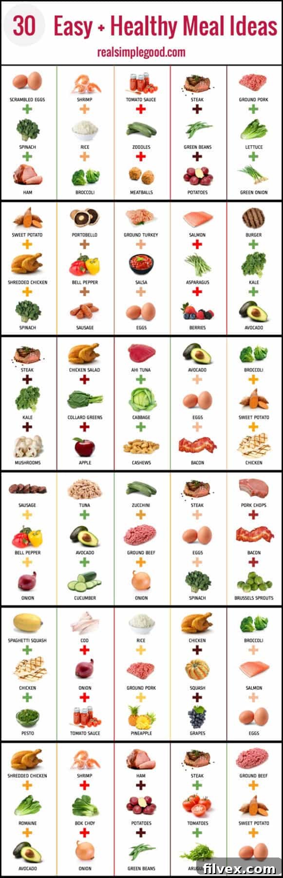 Infographic featuring 30 easy and healthy meal ideas for quick and nutritious meals, including Paleo, Gluten-Free, Dairy-Free, Sugar-Free options from realsimplegood.com