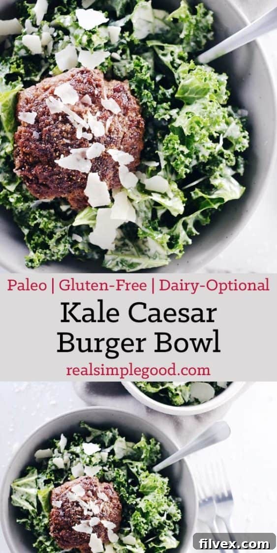 This kale caesar burger bowl is so satisfying with a Paleo + Whole30 caesar dressing and optional cheese topping. Quick, easy and great any meal of the day. Paleo, Whole30, Gluten-Free + Dairy-Optional. | realsimplegood.com