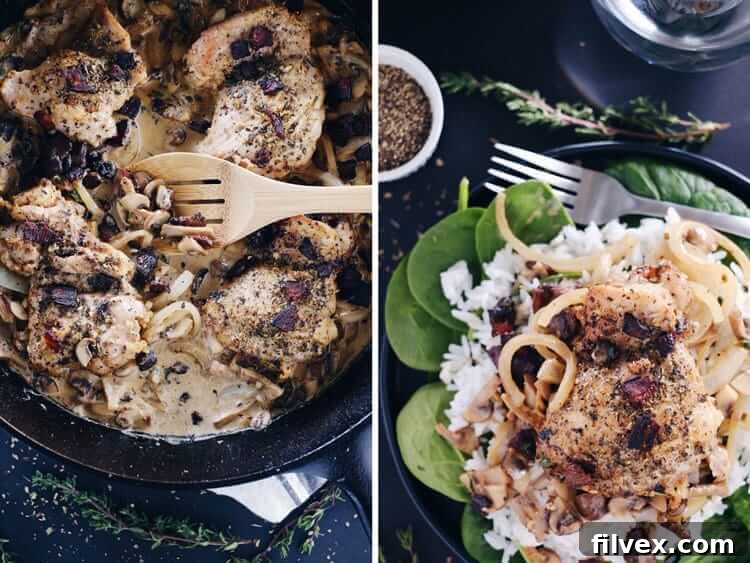 A vibrant shot of the creamy bacon mushroom chicken skillet, garnished with fresh herbs, ready to be served.