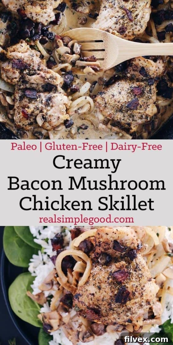 A beautifully presented serving of the creamy bacon mushroom chicken skillet, with a fork ready to dig in.