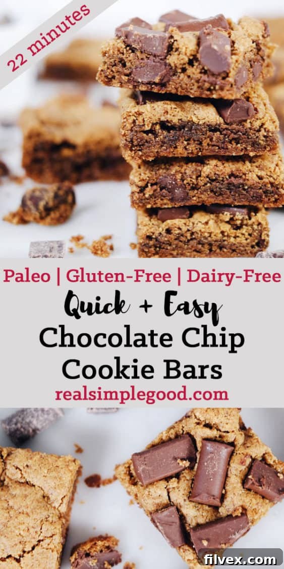 Final plated gluten-free and dairy-free chocolate chip cookie bars, a perfect paleo dessert for sharing or enjoying solo. | realsimplegood.com