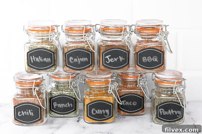 Collection of 10 homemade spice blends in labeled glass jars, neatly arranged on a flat surface, showcasing the vibrant colors of each mix.