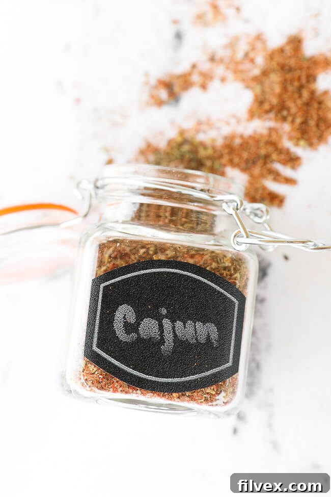 Cajun seasoning blend in a labeled glass jar, resting on its side with some spice spilling out, indicating its rich texture.