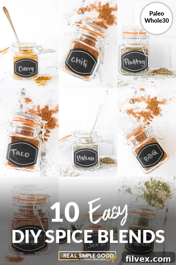 A photo collage showcasing all 10 easy DIY homemade spice blends, each in its own labeled jar, presented attractively.