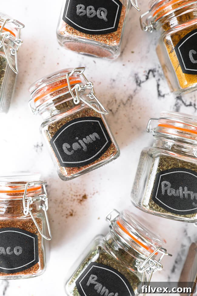 Assortment of homemade spice blends in various glass jars, casually arranged on a kitchen countertop, highlighting their rustic charm.