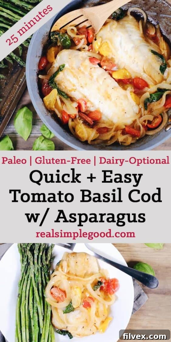 This tomato basil cod with asparagus is a quick and easy favorite! It feels fancy, but is really a simple and quick Paleo + Whole30 meal! Paleo, Whole30, Gluten-Free + Dairy-Optional. | realsimplegood.com