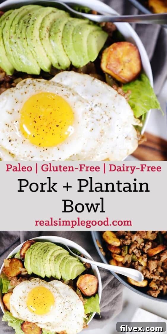 A beautifully presented Pork and Plantain Bowl, featuring a generous serving of seasoned ground pork, golden baked plantains, and fresh greens, topped with creamy avocado slices. This visually appealing, healthy, and flavorful meal is perfect for Paleo and Whole30 diets.